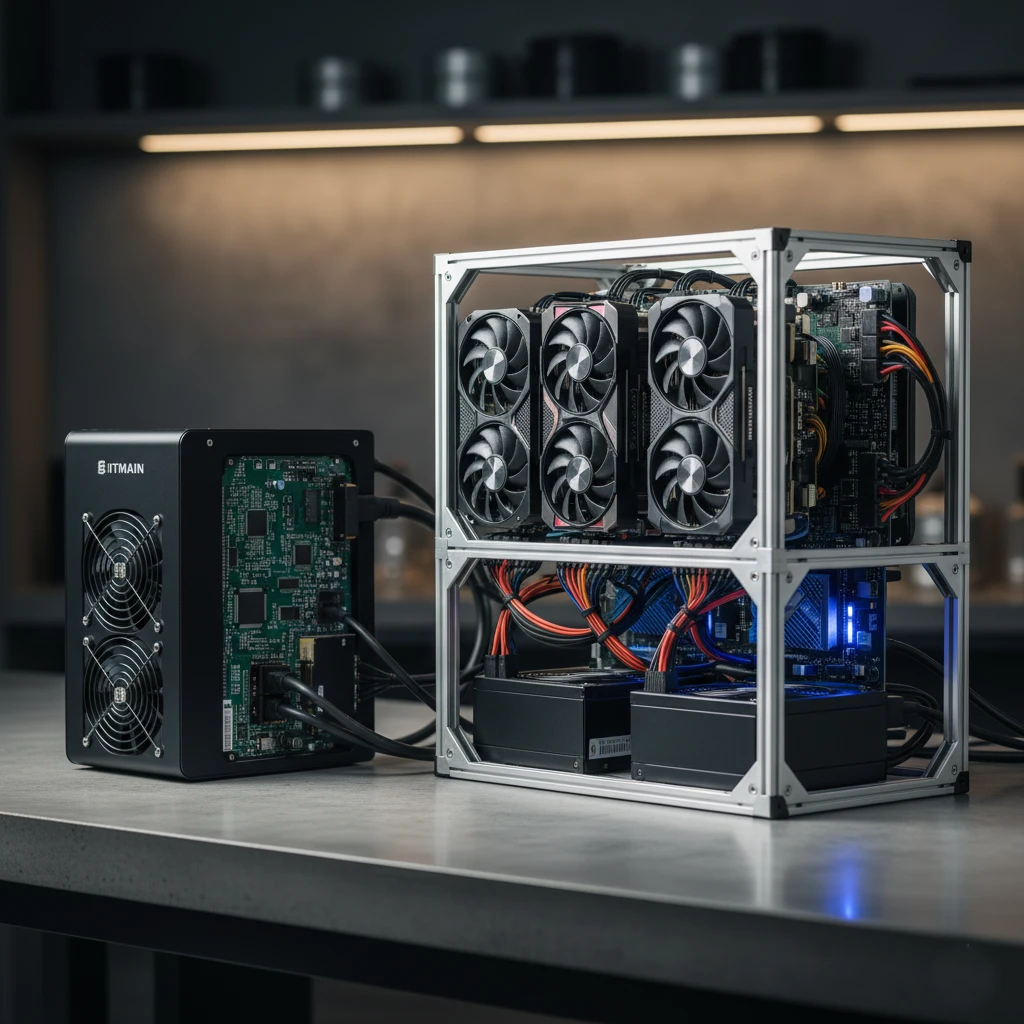 Photo d'un mineur ASIC et d'un rig de minage GPU, illustrant le matériel nécessaire pour le minage de crypto-monnaies.