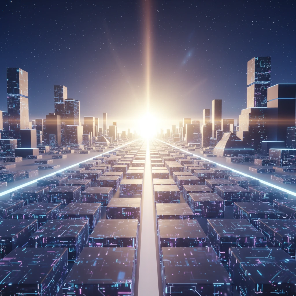 Illustration symbolisant l'avenir du minage, avec un chemin fait de blocs de blockchain qui mène vers l'horizon.