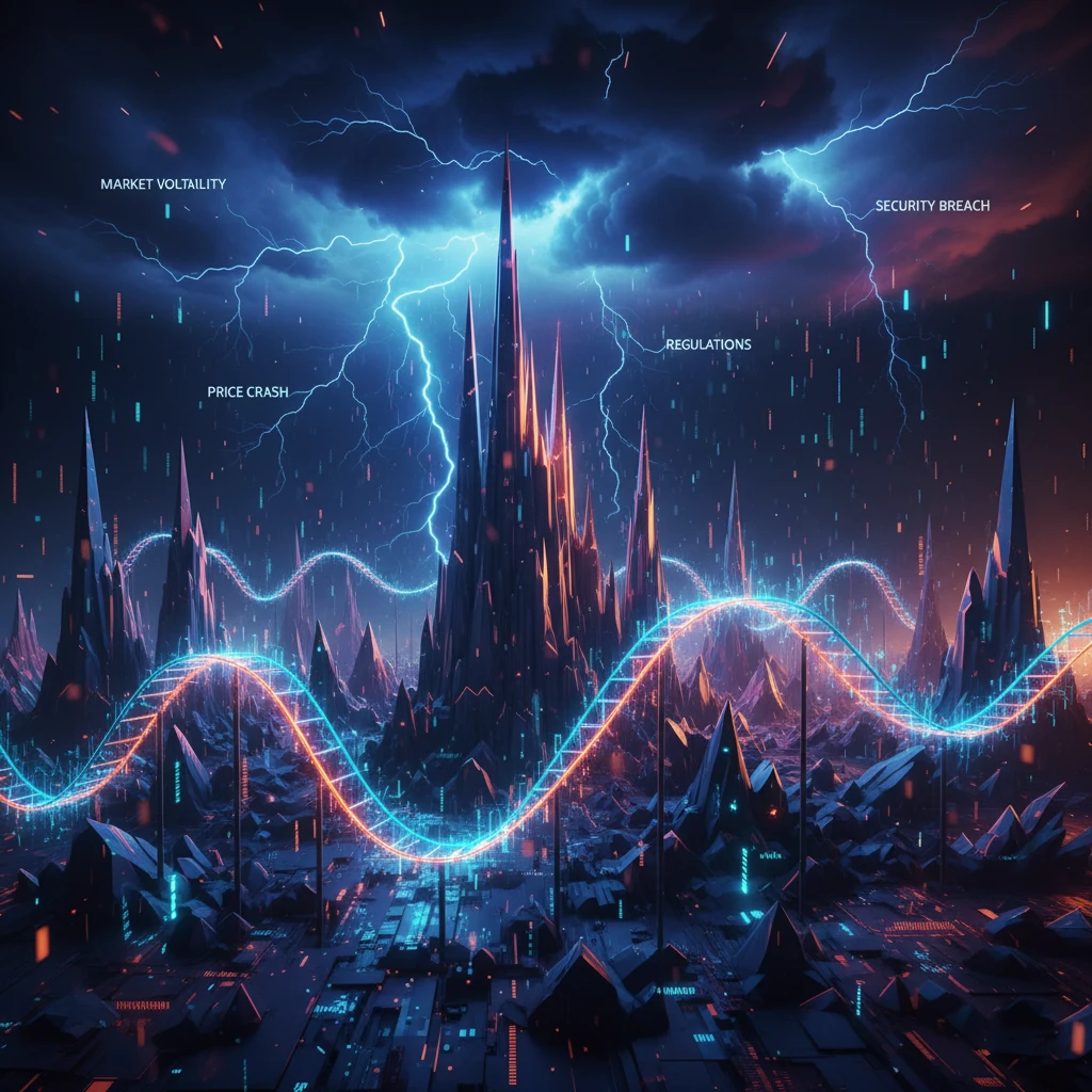 Illustration des risques liés au minage, incluant un graphique de volatilité et des nuages d'orage.