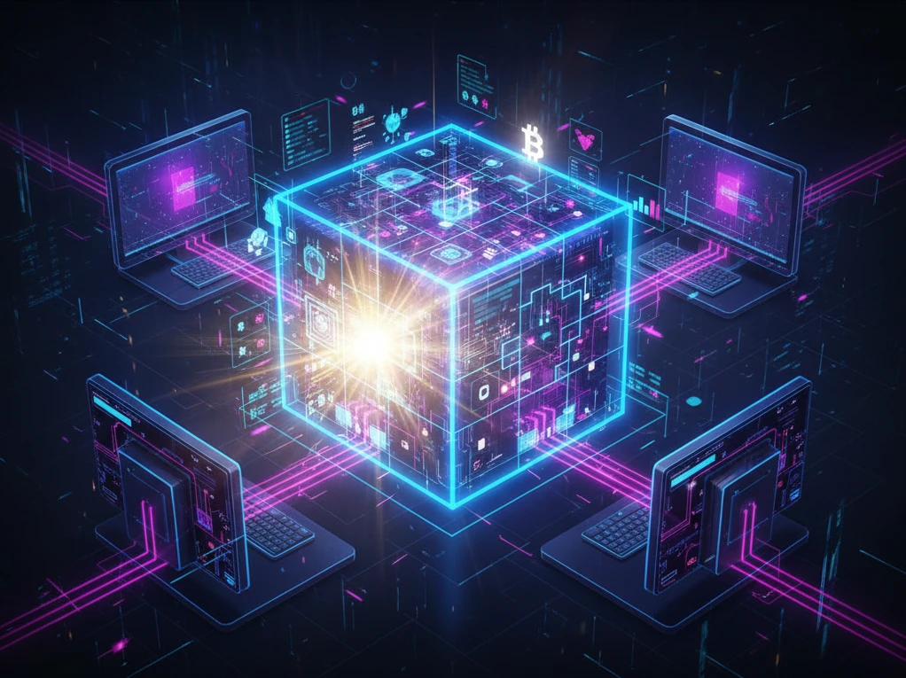 Illustration représentant la preuve de travail, avec des ordinateurs qui s'affrontent pour résoudre un puzzle numérique.