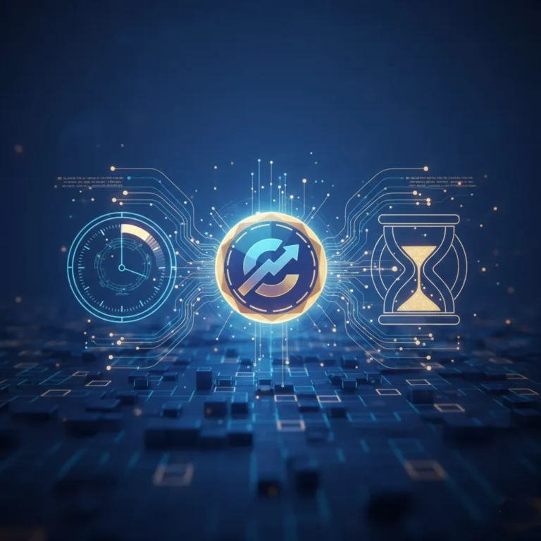 Staking crypto générant revenu passif (horloge futuriste)
