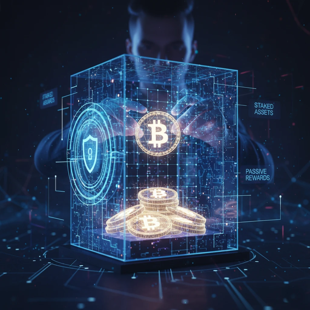 Illustration d'une personne mettant des jetons en staking, représentant une alternative au minage de crypto.