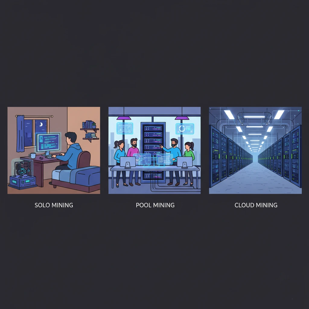 Trois illustrations montrant les différentes méthodes de minage : en solo, en pool et le cloud mining.