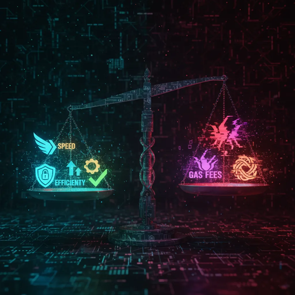 Balance numérique pesant les avantages (vitesse, sécurité) et inconvénients (bugs, frais) des smart contracts