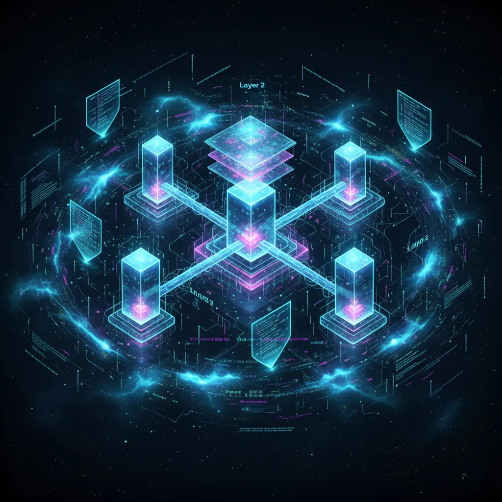 Réseau dynamique montrant l'interconnexion (cross-chain) et l'évolutivité (Layer 2) des blockchains