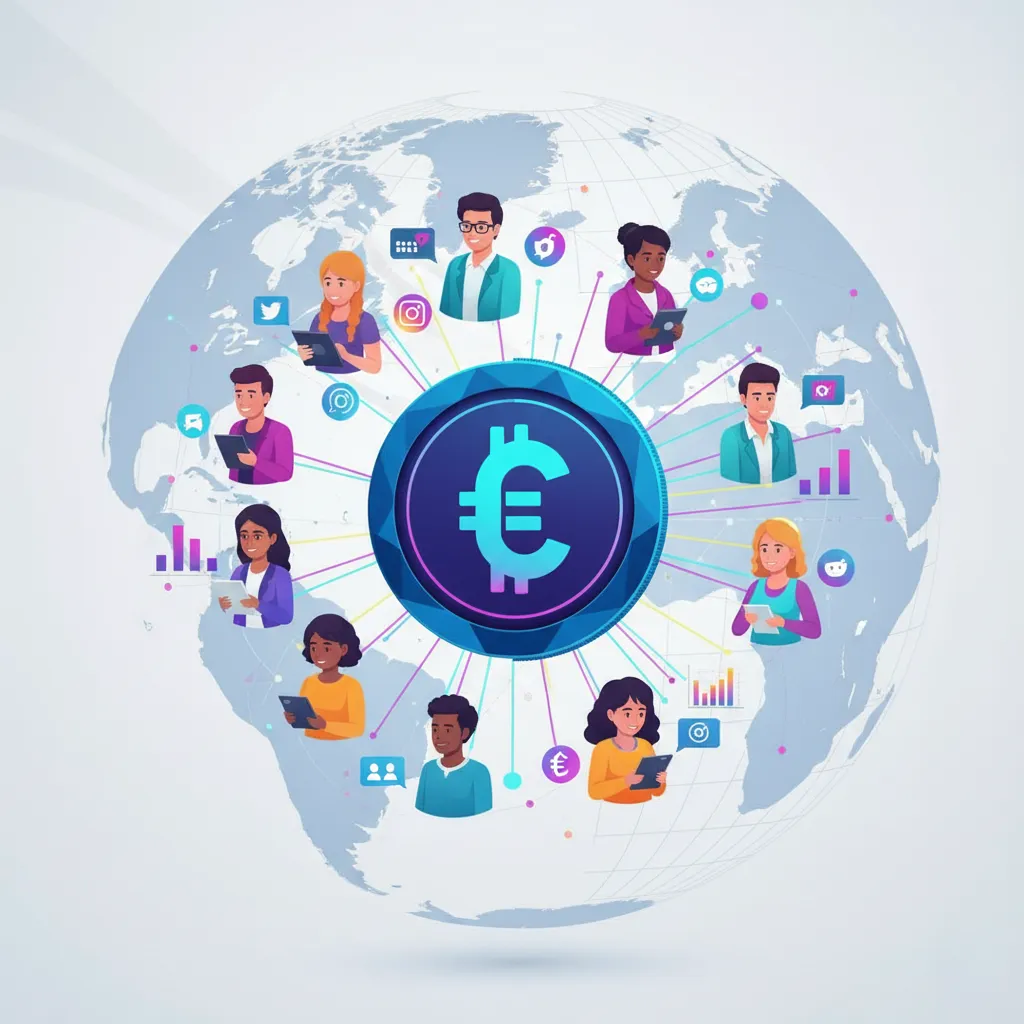 Personnes connectées via des symboles de médias sociaux autour d'une crypto