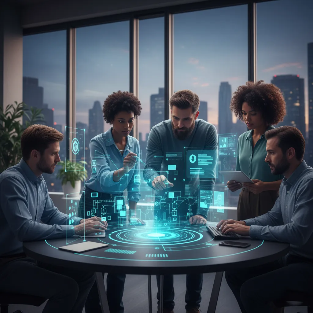 Une équipe diversifiée collaborant autour d'un hologramme crypto