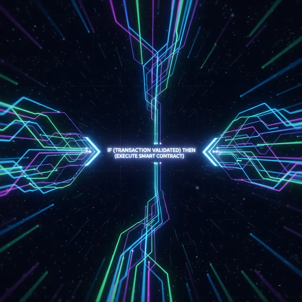 Représentation abstraite du code d'un contrat intelligent montrant la logique IF-THEN sur la blockchain