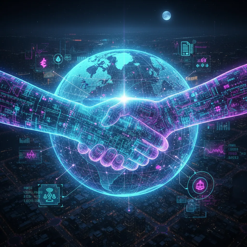 Poignée de main entre entités numériques sur un réseau global, symbolisant la confiance codifiée et l'avenir des smart contracts