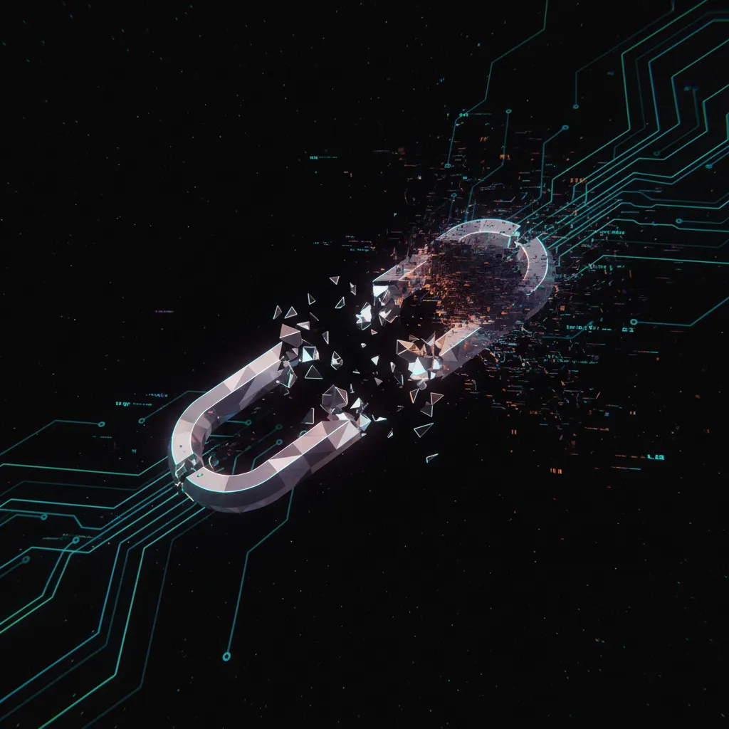 Maillon de chaîne numérique cassé, symbolisant les limites et les risques de bug dans le code des smart contracts