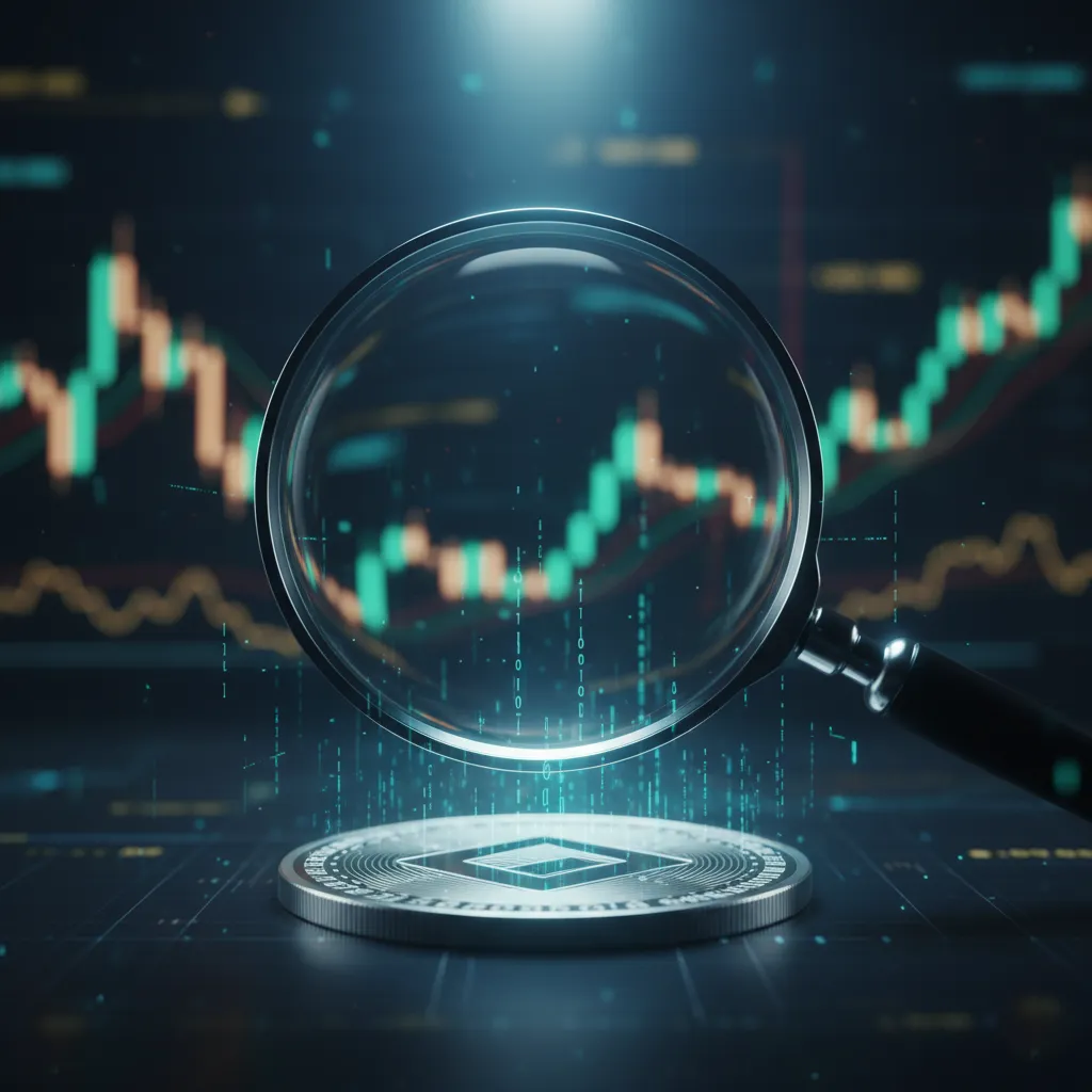 Loupe examinant une cryptomonnaie, symbolisant la recherche de valeur