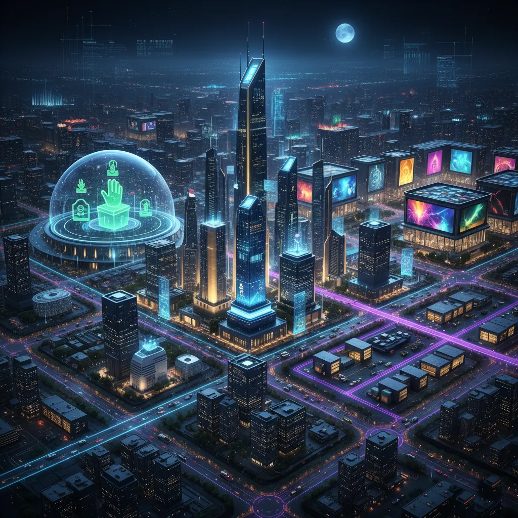 Paysage urbain futuriste illustrant la diversité des applications des smart contracts (DeFi, DAO, NFT)