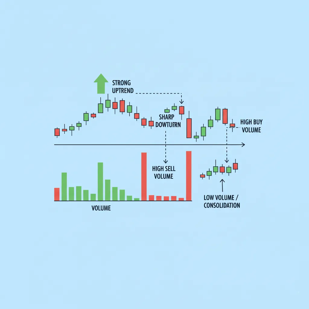 Exemple de graphique crypto montrant le lien entre prix et volume.
