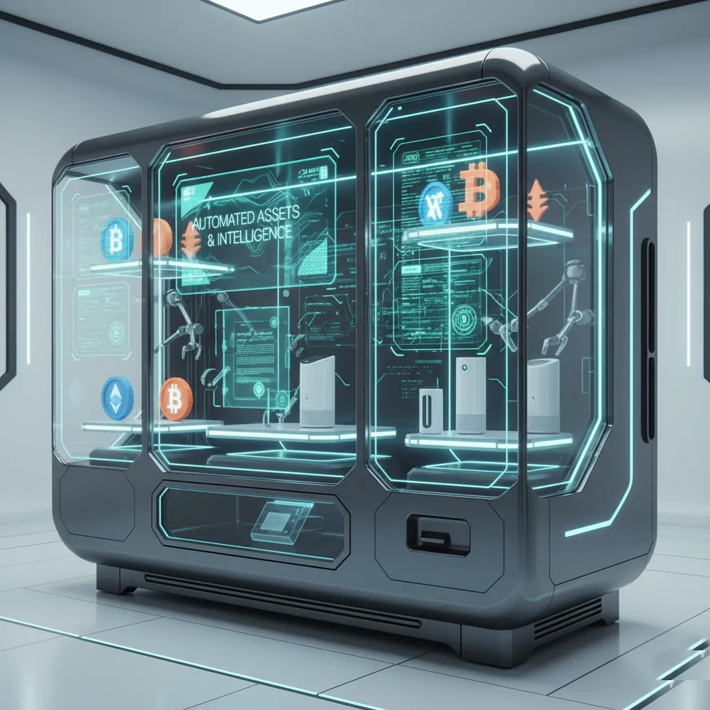 Machine distributrice futuriste symbolisant l'automatisation d'un contrat intelligent.