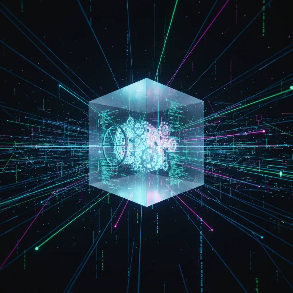 Coffre-fort numérique sous forme de cube de cristal sur un réseau blockchain, représentant l'immuabilité du code