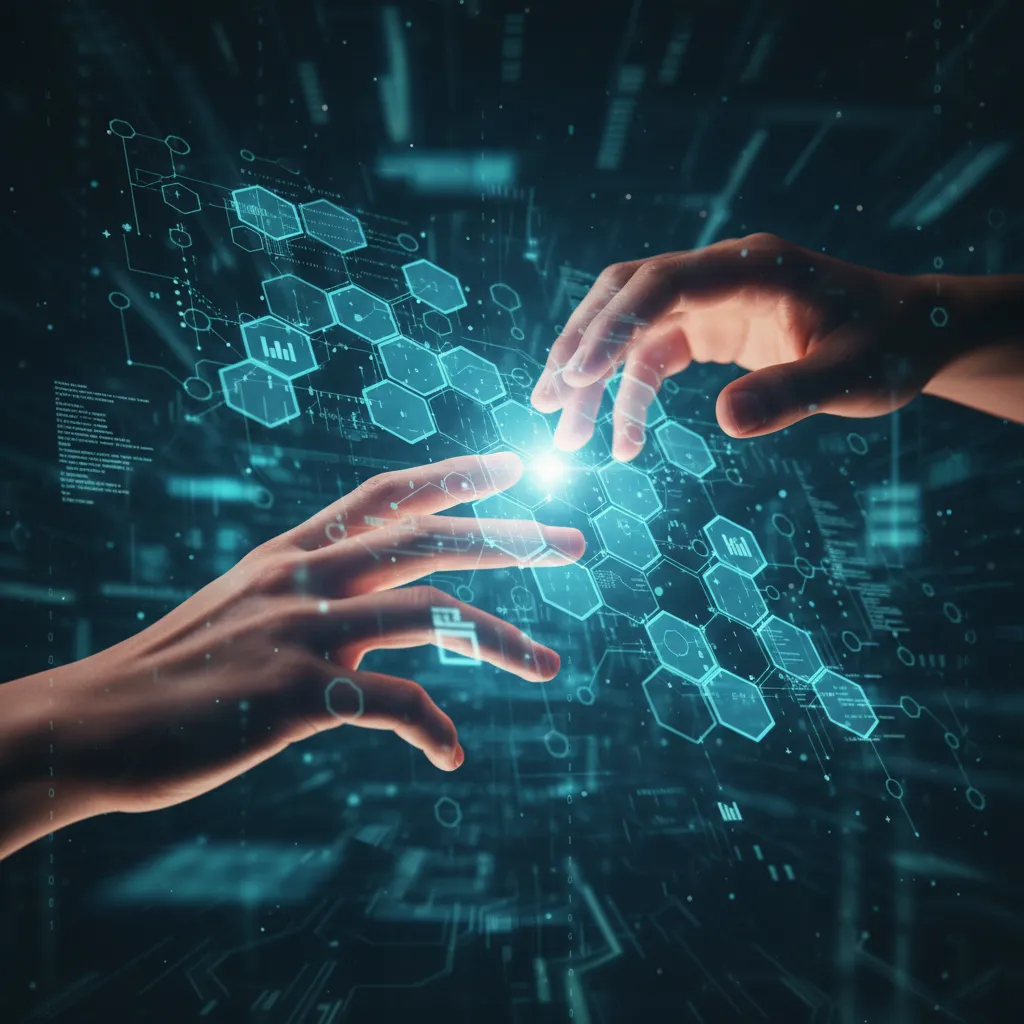 Mains interagissant avec une projection futuriste de blockchain