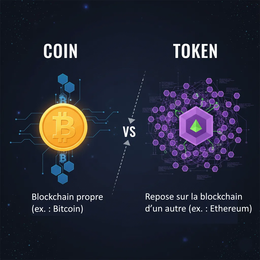 Infographie comparant une crypto-monnaie (Coin) avec sa propre blockchain et un token sur une blockchain existante.