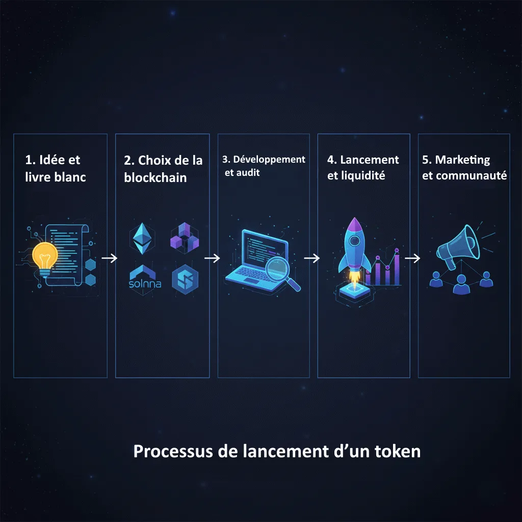 Infographie détaillant les étapes clés du lancement d'un token : idée, choix de la blockchain, développement, lancement et marketing.