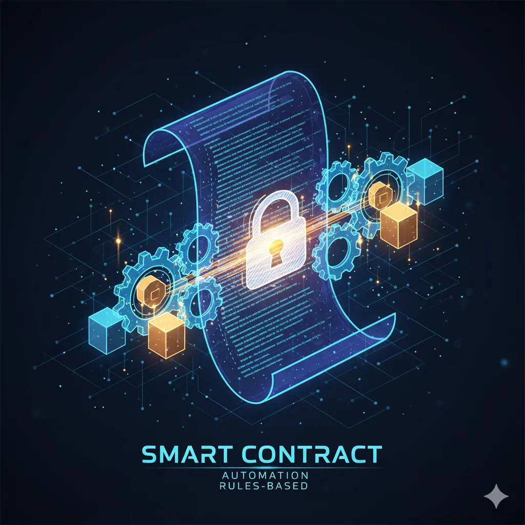 Représentation visuelle d'un Smart Contract en action, exécutant les règles d'un token sur la blockchain.